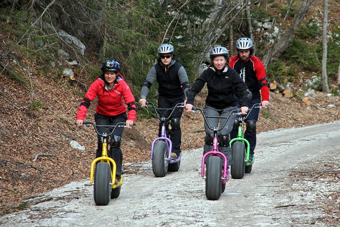 A group descends the forest road in mountain rollers