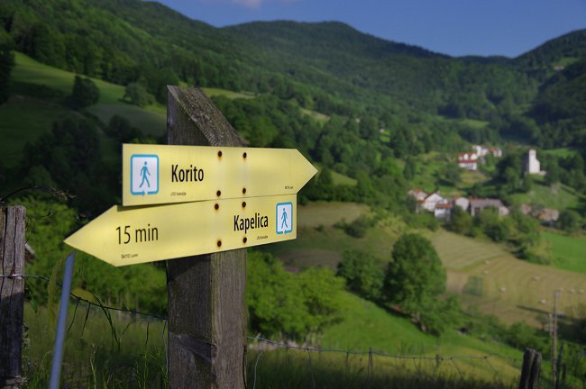 Rumen kažipot na lesenem količki, ki kaže smer. V ozadju vasica.