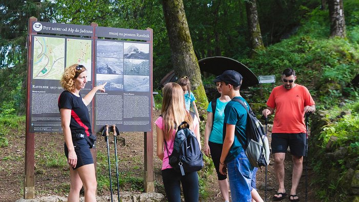 Una famiglia ascolta la spiegazione di una guida locale davanti al tabellone del museo all\'aperto.